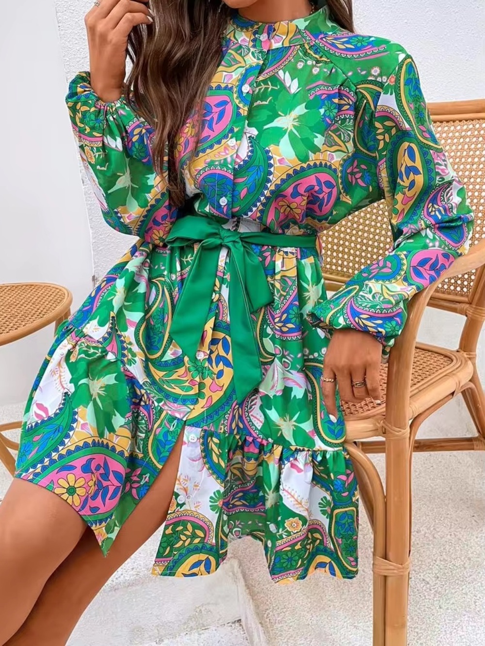 Green Paisley Tie Waist Long Sleeve Dress - Picture 10 of 10